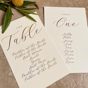 May include: Two ivory wedding table cards with elegant gold calligraphy. One card reads "TOP Table" with guest titles. The other card says "TABLE One" with guest names. A floral accent is in the background.