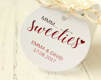 Sweet tags, sweetie favour, wedding favour tags, food favour tags, personalised tags, favour tags round, circle tags, foil gift tags.