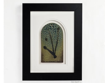 Framed Clay Tablet with beautiful depth and design. Calligraphy brush strokes on a round-topped ceramic panel.