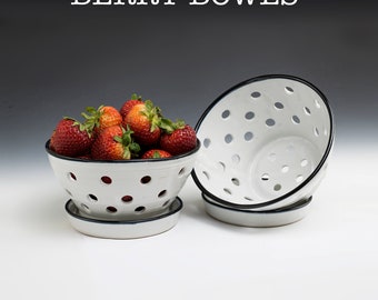 Berry Bowl & Saucer - White Glaze, Black rim with matching Saucer!. Price is for one. Made of fine porcelain. From a custom-maker.