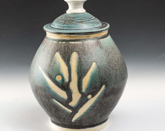 Cookie Jar - Creative brush stroke. Beautiful blend of Turquoise and charcoal speckles. This cookie jar is for "Small Hands".
