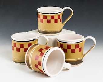 Porcelain Tea Mugs - Art Deco checker board graphic - Tin Cup Design