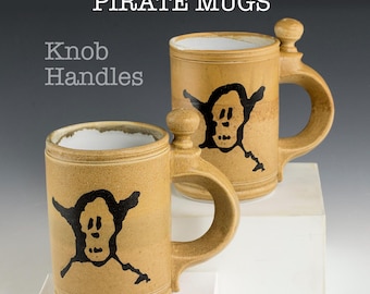 Pirate Mugs "Knobby" Style Handles Goth Black fired-in graphic. Ceramic Gifts. Limited edition. Each one different. Price Each.