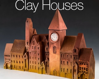 Clay Row Houses with NEW CLOCK TOWER  - 9 piece set - Collectible architectural miniatures.
