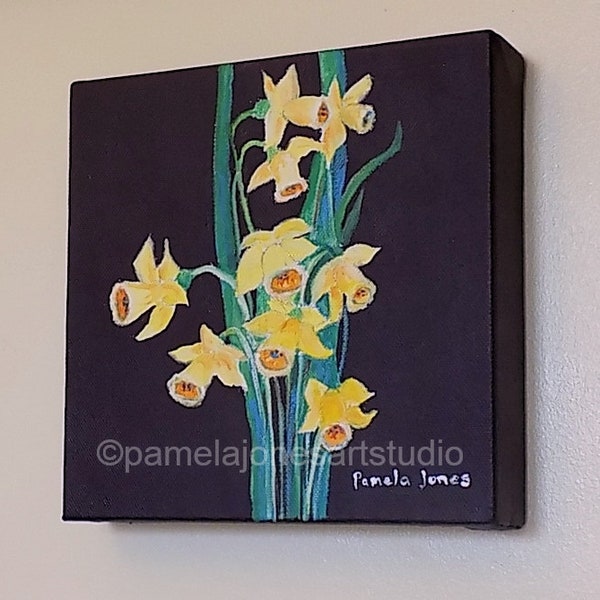 Daffodils, on Boxed Canvas, Original, Acrylic Painting, 20 x 20cm, Gift Idea, Art and collectibles, Home and Living, Home Decor, Floral Art