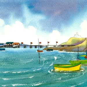 The Yellow Boat, Mumbles, Swansea Bay, South Wales, Original Watercolour, Painting, in 14 x 11&#39;&#39; Mount, Gift For The Home,  Home Decor, Art