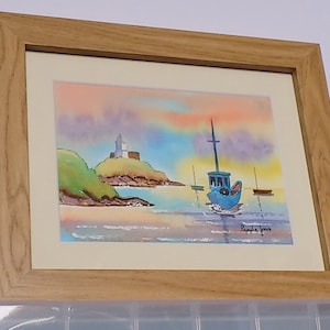 Mumbles Lighthouse, Swansea Bay, South Wales, Original Watercolour,  in 10 x 8&#39;&#39; Frame, Gift Idea, Art and Collectibles, Landscape Art, Art