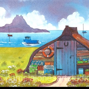 Boat Shed Print, Holy Island Print, Lindisfarne Print, Northumberland Print, Watercolour Print, in 9 x 7&#39;&#39; Mount, Gift Idea, Wall Decor, Art