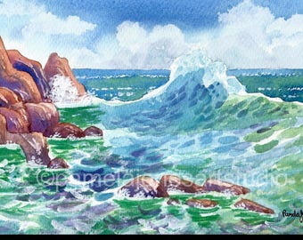 Pembrokeshire havslandskapstryck: Walesisk akvarellkonst i (23x18 cm passform)