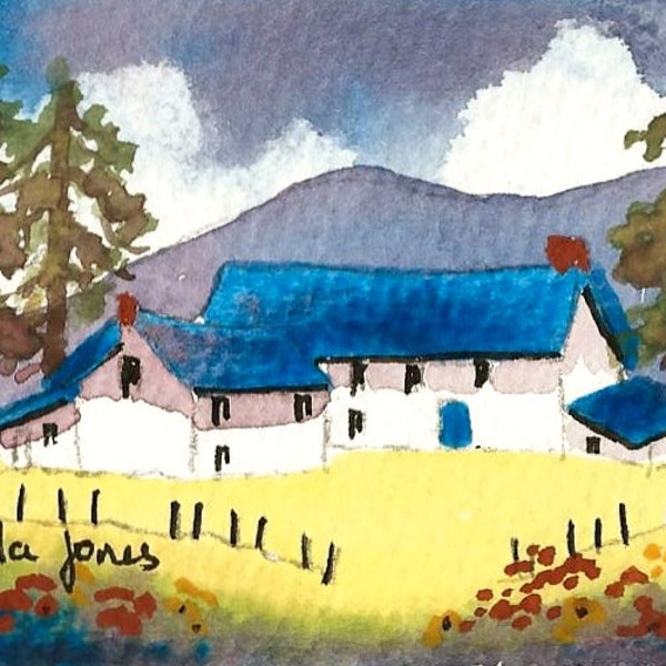 ACEO, Original Watercolour, Hillside Farm, Wales, Miniature Painting, 3.5ins x 2.5ins, Mothers Day,  Gift Idea, Art And Collectibles