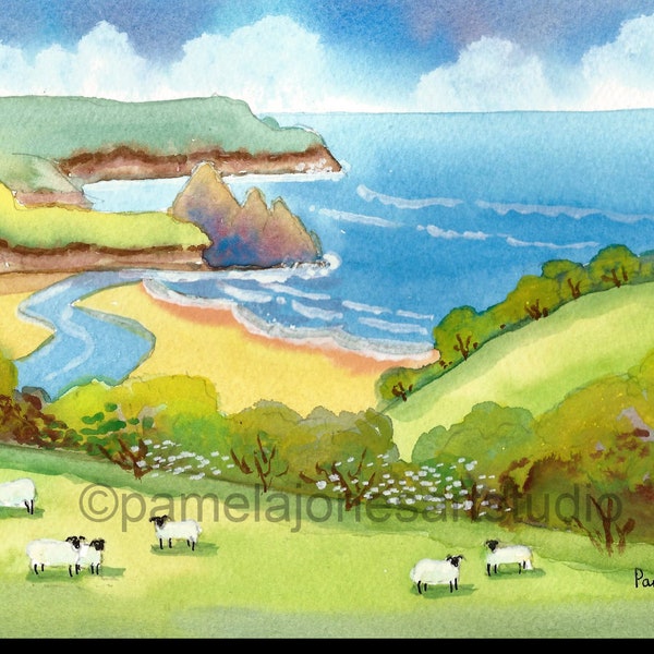 Original Watercolour, Painting, Sheep, Three Cliffs Bay, Gower, Wales, in 14 x 11'' Mount, Gift For The Home, Art and Collectibles, Wall Art