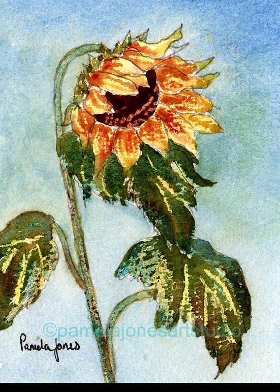 オリジナルのひまわりの水彩画：花の壁アート（9x7インチマウント