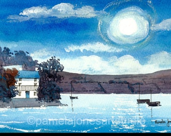 Original Watercolour, Painting, Moonlight, Dylan Thomas, Boat House, Laugharne, Wales, in 14 x 11'' Mount, Gift Idea, Art and Collectibles