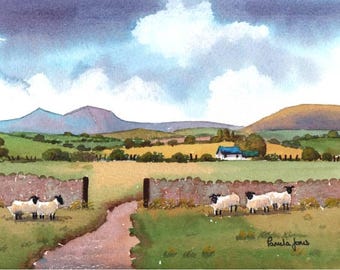 Brecon Beacons Sheep ACEO Watercolour Print  Miniature Art : Welsh Farm Size  3.5 x 2.5''