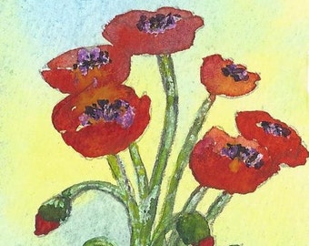 ACEO, Original watercolour, Painting,  Poppies, Miniature Painting, Art And Collectibles, Trading Card, Tiny Art, Size 3.5 x 2.5 '' Collect