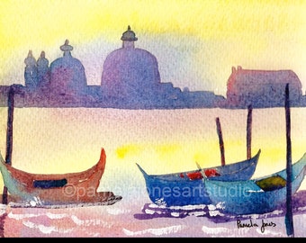 Original Watercolour, Painting, Evening Light, Venice, Italy, With, Gondolas, in 10 x 8&#39;&#39; Mount, Gift Idea, Art and collectables