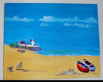 Original, Acrylic Painting, Canvas, Cottages, Beach, Boats, Brittany, France, 30 ins x 24 ins, Gift Idea, Art and collectibles