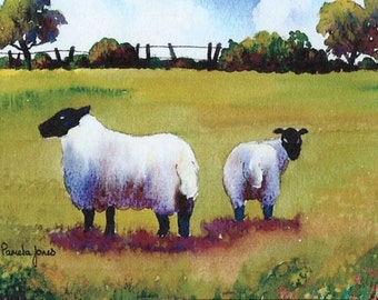 ACEO, Miniature, Watercolour Print, from my, original watercolour, 3.5ins x 2.5ins, Sheep, in, Meadow, Art and Collectables, Home and Living