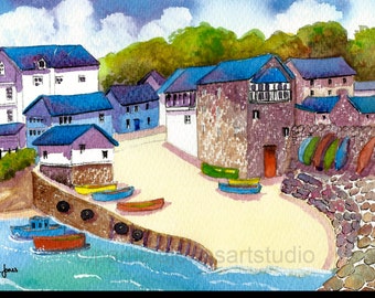 Welsh Harbour Watercolour Print: New Quay, Cardigan Bay, in 8x6" Mount