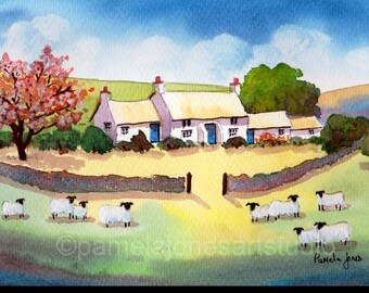 Pembrokeshire Cottage, Cherry Blosson, schapen, Wales, originele aquarel, schilderij, in 14 x 11'' Mount, cadeau-idee, kunst en verzamelobjecten
