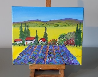 Original, Acrylic Painting, On Stretched Canvas, Lavender Field, Provence, South Of France, 30 cm x 24 cm, Gift Idea, Home Decor