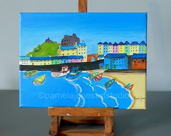 Tenby Harbour, Pembrokeshire, West Wales, Original, Acrylic Painting, On Stretched Canvas, 30 cm x 24 cm, Gift Idea, Home Decor