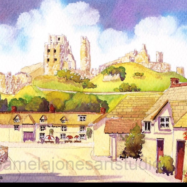 Watercolour Print, Corfe Castle, Dorset, England, in 14 x 11'' Mount, Gift For The Home, Art And Collectibles, Home and Living, Wall Decor