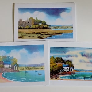 Lot de 3 cartes de voeux, carte du château de Laugharne, carte de Dylan Thomas, carte de remise à bateaux, carte du Pays de Galles, cartes de voeux d'artiste, cartes de correspondance, vierges