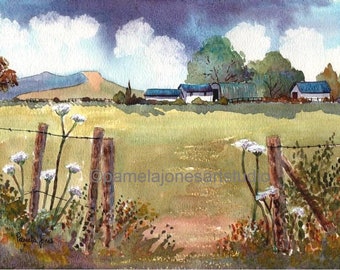 Brecon Beacons Watercolor Print: Welsh Farm Landscape (3.5 x 2.5 ")