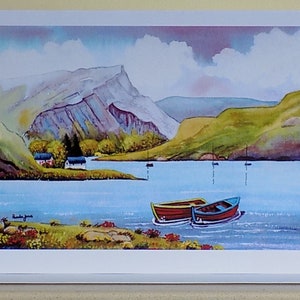 Tarjeta de felicitación artística, Lago Tal Y Llyn, Gales del Norte, Tamaño A5, de mi acuarela original, interior en blanco
