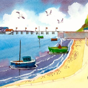 Boats, Seagulls, Mumbles Pier, South Wales, Watercolour Print, in 14 x 11&#39;&#39; Mount, Gift for the Home, Gift from Wales, Wall Art, Swansea Bay