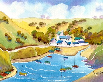 Original akvarellmålning: Solva hamn, Pembrokeshire, Wales - Landskap i 14 x 11 tums montering