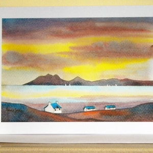 Tarjeta de puesta de sol, tarjeta de cabañas blancas, tarjeta de la isla de Skye, tarjeta de las Tierras Altas, tarjeta de Escocia, tarjeta de felicitación, tarjeta de notas, cualquier ocasión, tamaño A5, en blanco