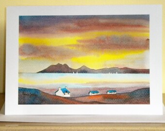 Sunset Card, White Cottages Card, Isle Of Skye Card, Highlands Card, Scotland Card, Greeting Card, Note Card, Any occasion, Size A5, blank
