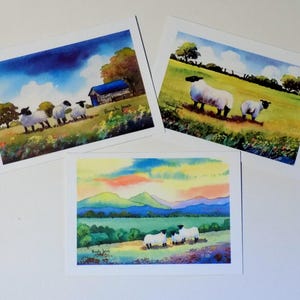 Lot de 3, cartes de voeux, moutons, paysage du pays de Galles, cartes de voeux artistiques, de mes aquarelles originales, cartes de correspondance, vierges à l'intérieur, A5