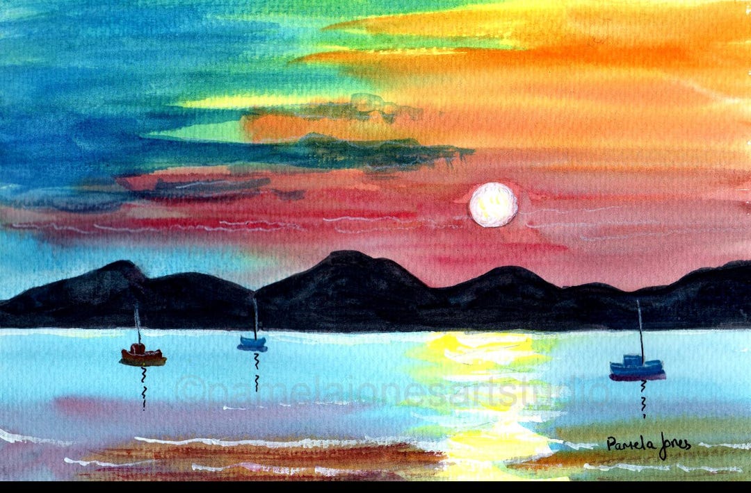 水彩画 ボート 夕焼け　40✖️40 オリジナル水彩画「夕焼けの海景」 - 14x11インチのマウント - Etsy 日本
