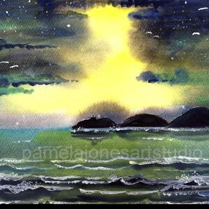 Mumbles At Night, Swansea Bay, Abstract Landscape, Watercolour Painting, in 20 x 16&#39;&#39; Mount, Welsh Art, Seascape, Wall Art, Art for the home