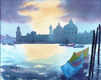 Aceo, Watercolour Print, Sunset, Venice, Gondolas, Italy, Miniature Painting, Gift Idea, Size 3.5ins x 2.5ins, Art and Collectibles