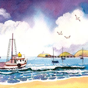 Fishing Boat, Seagulls, Mumbles, South Wales, Watercolour Print, in 14 x 11&#39;&#39; Mount, Gift for the Home, Gift from Wales, Wall Art, Sea, Art