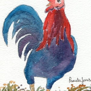 Aceo Cockerel、水彩画プリント、私のオリジナル水彩画、ミニチュアアート、トレーディングカード、小さなギフトアイデア、サイズ 3.5 x 2.5、ミニアート