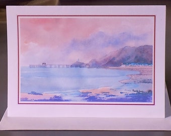 Art Greetings Card, Pink Sky, Swansea Bay, Mumbles, South Wales, Size A5,  blank inside, Birthday Card, Any Occasion, Welsh Art Card