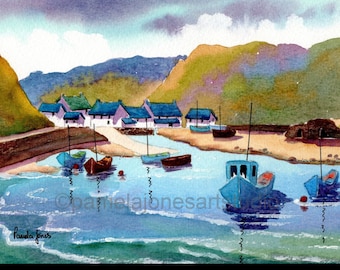 Akvarellkonsttryck i Solva hamn, Pembrokeshire, västra Wales, 35x28 cm, höjd: 40x28 cm