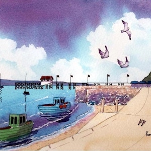 Mumbles Pier Print, Swansea Bay Print, South Wales Print, Watercolour Print, in 9 x 7 &#39;&#39; Mount, Gift Idea, Home Decor, Wall Art, Welsh Art