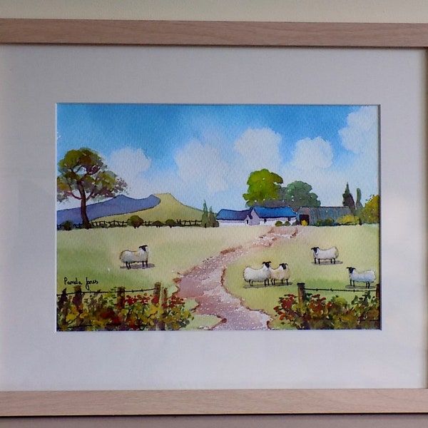 Original Watercolour, Painting, Farm, Sheep, In, The Brecon Beacons, Wales, Framed, 14 x 11 ins, Gift Idea, Art and Collectibles
