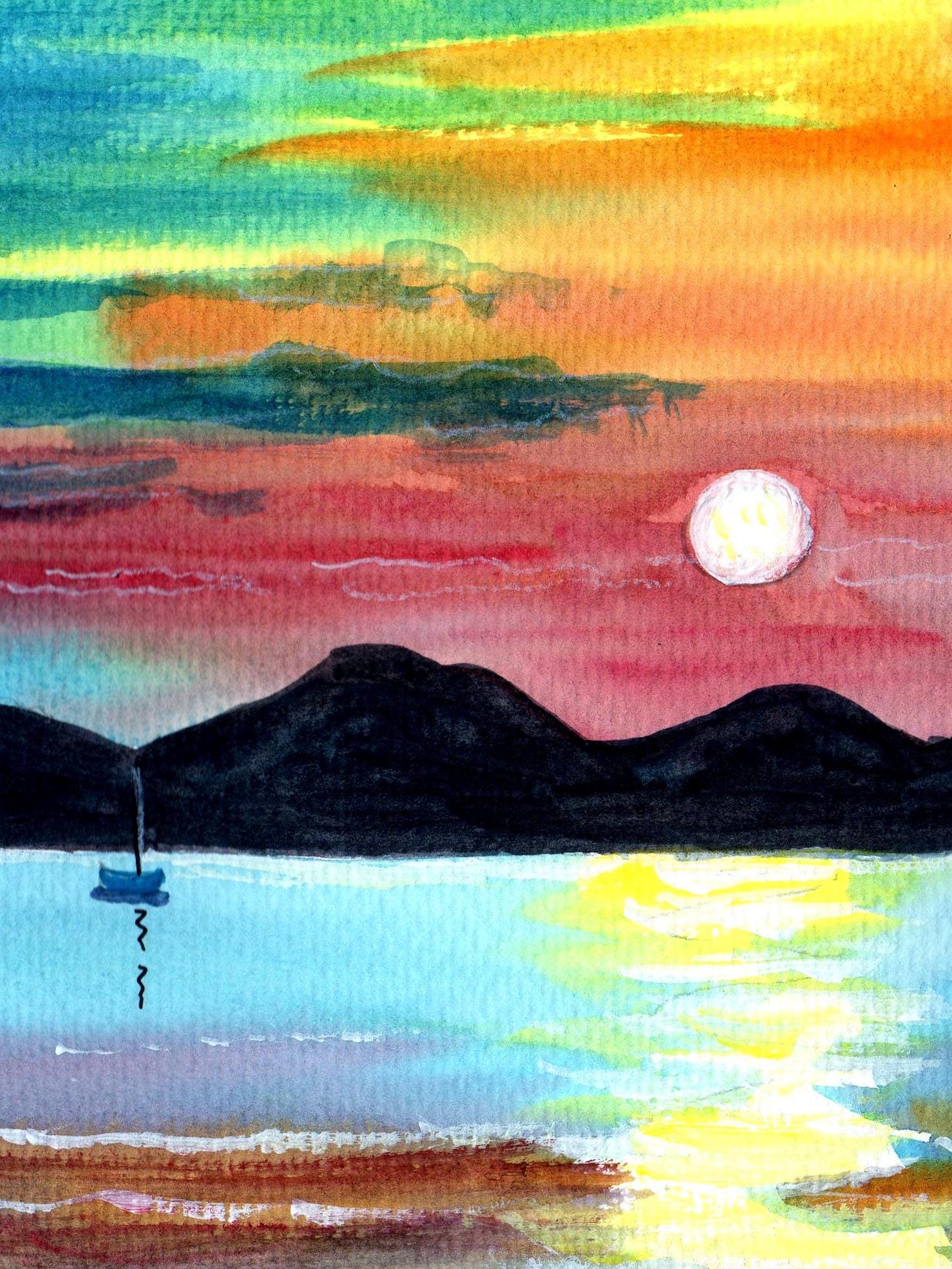 オリジナル水彩画「夕焼けの海景」 - 14x11インチのマウント - Etsy 日本