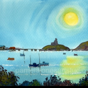 Evening Light, Mumbles, Swansea, South Wales, Original Watercolour, in 14 x 11 &quot; Mount, Fathers Day, Gift Idea, Original Art, Landscape Art