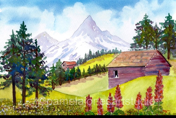 スイスのオリジナル水彩画：14x11インチのマウントに収められた
