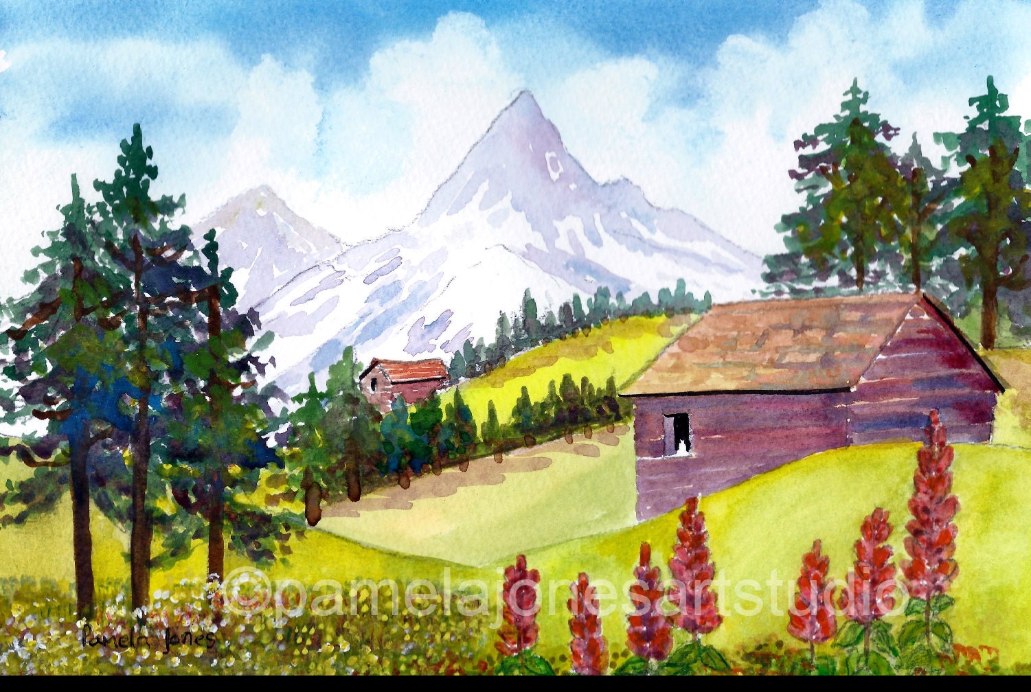 スイスのオリジナル水彩画：14x11インチのマウントに収められた