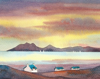 Watercolour Print, White Cottages, Isle Of Skye, Scotland, UK, in 14 x 11'' Mount, Gift Idea, Art And Collectibles, Home and Living, Decor