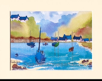 Akvarelltryck, Solva hamn, Pembrokeshire, västra Wales, i 25 x 20 cm passform, Presentidé, Konst och samlarobjekt, Hem och boende, Väggkonst